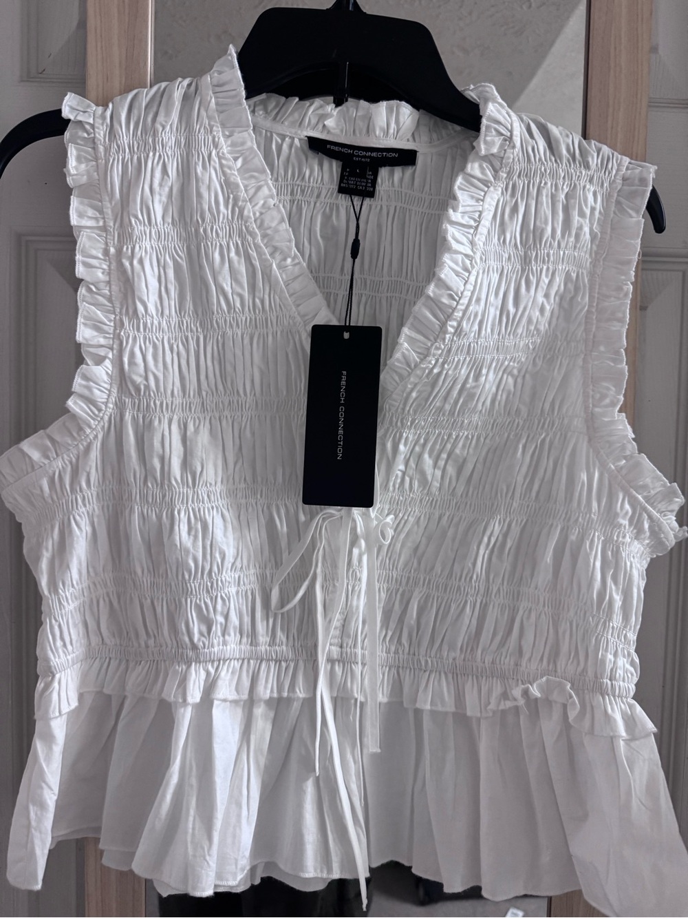 French Connection White Smocked Ruffle Tie-Front Peplum Top